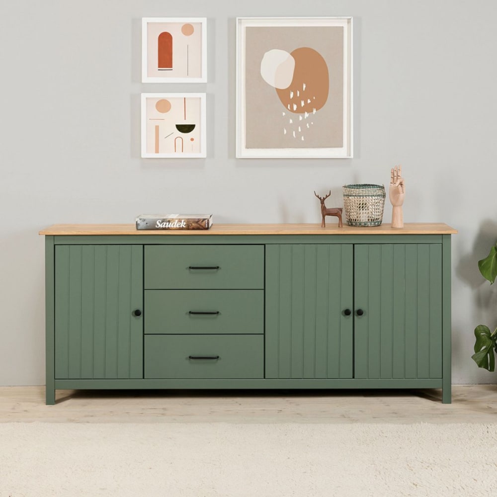 Buffet bas 3 portes 3 tiroirs bois ciré et vert - Maisons du Monde
