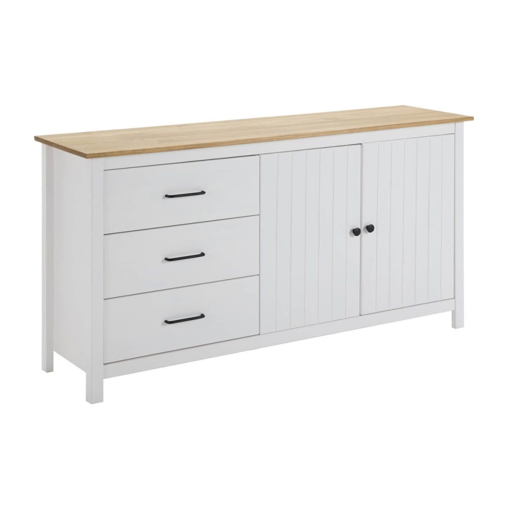 Buffet bas 2 portes 3 tiroirs bois ciré et blanc