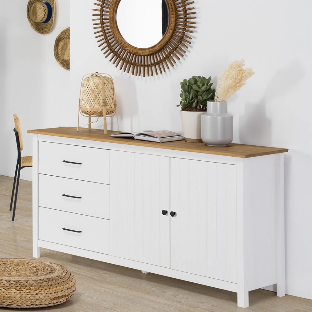 Buffet bas 2 portes 3 tiroirs bois ciré et blanc - Maisons du Monde