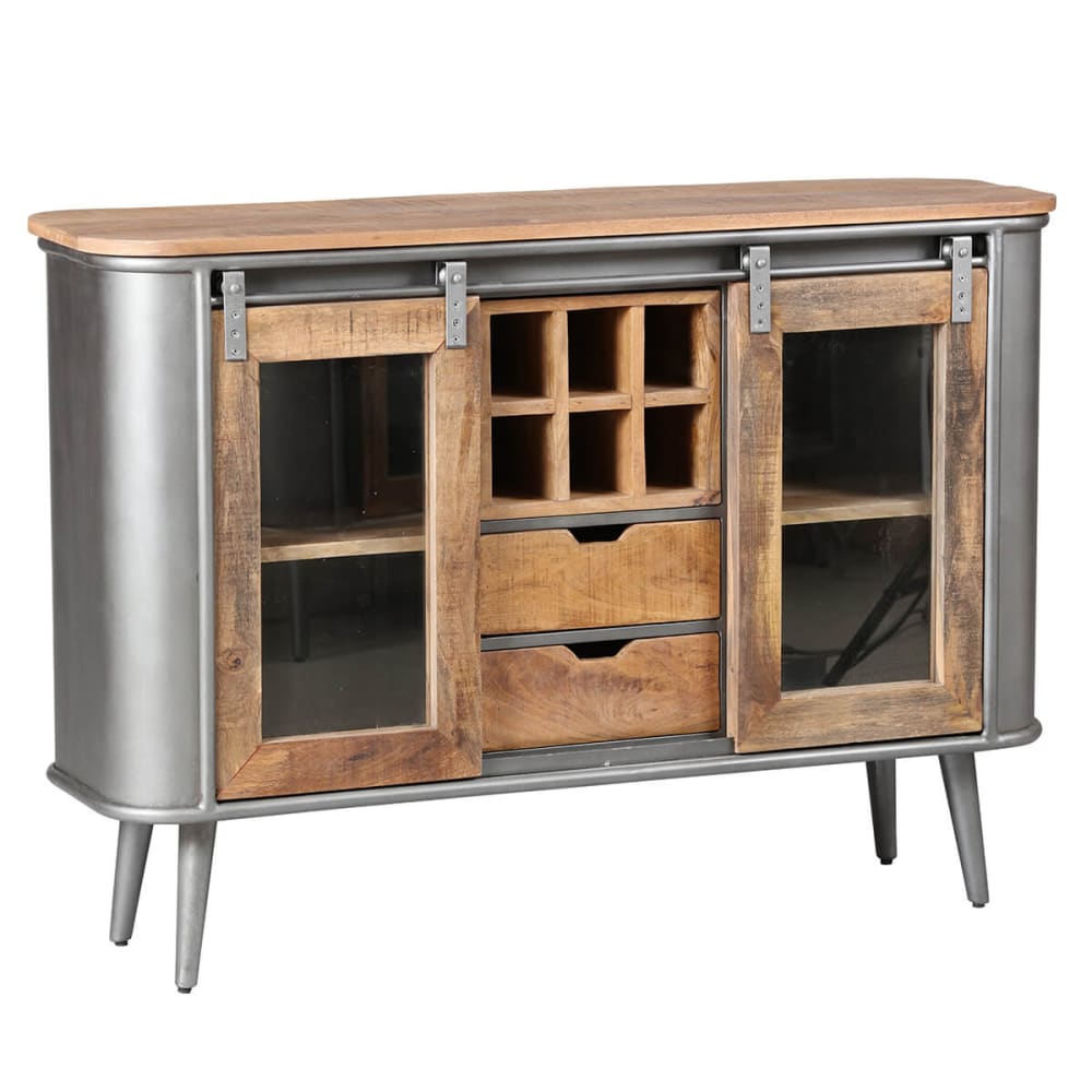 Buffet 2 portes 2 tiroirs bois et acier patiné