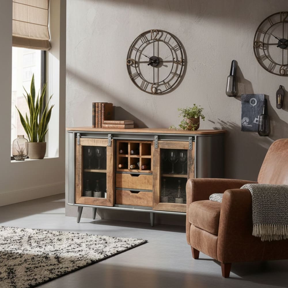 Buffet 2 portes 2 tiroirs bois et acier patiné - Maisons du Monde