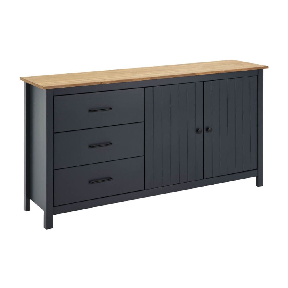 Buffet bas 2 portes 3 tiroirs bois ciré coloris bleu pétrole
