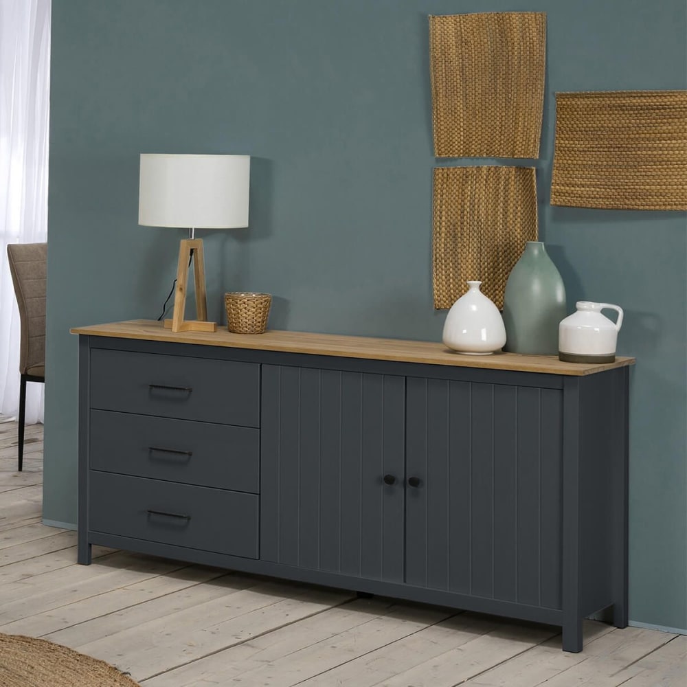 Buffet bas 2 portes 3 tiroirs bois ciré coloris bleu pétrole - Maisons du Monde