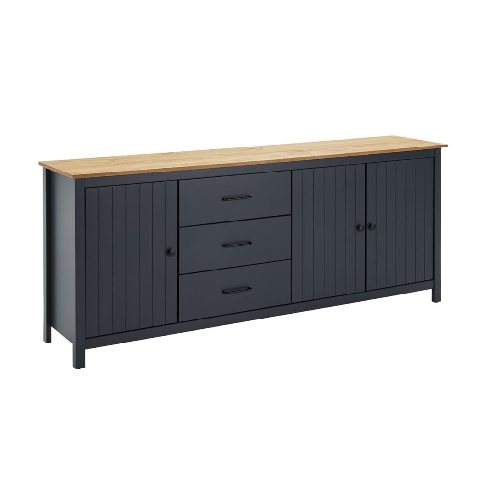 Buffet bas 3 portes 3 tiroirs bois ciré et bleu pétrole