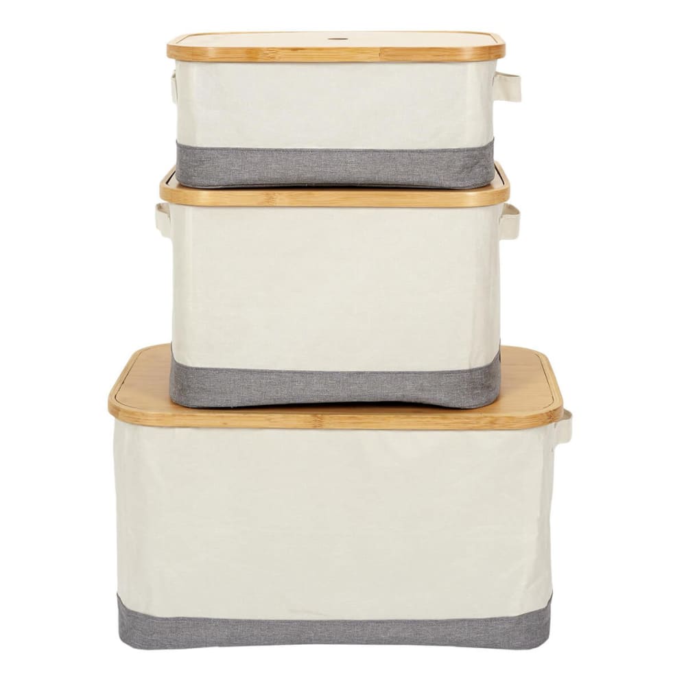 Lot de 3 panières bambou avec couvercle tissu blanc et gris - Maisons du Monde