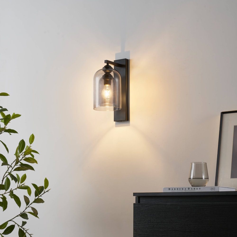 Wandleuchte aus Metall und Glas 34 cm, Schwarz und rauchgrau -