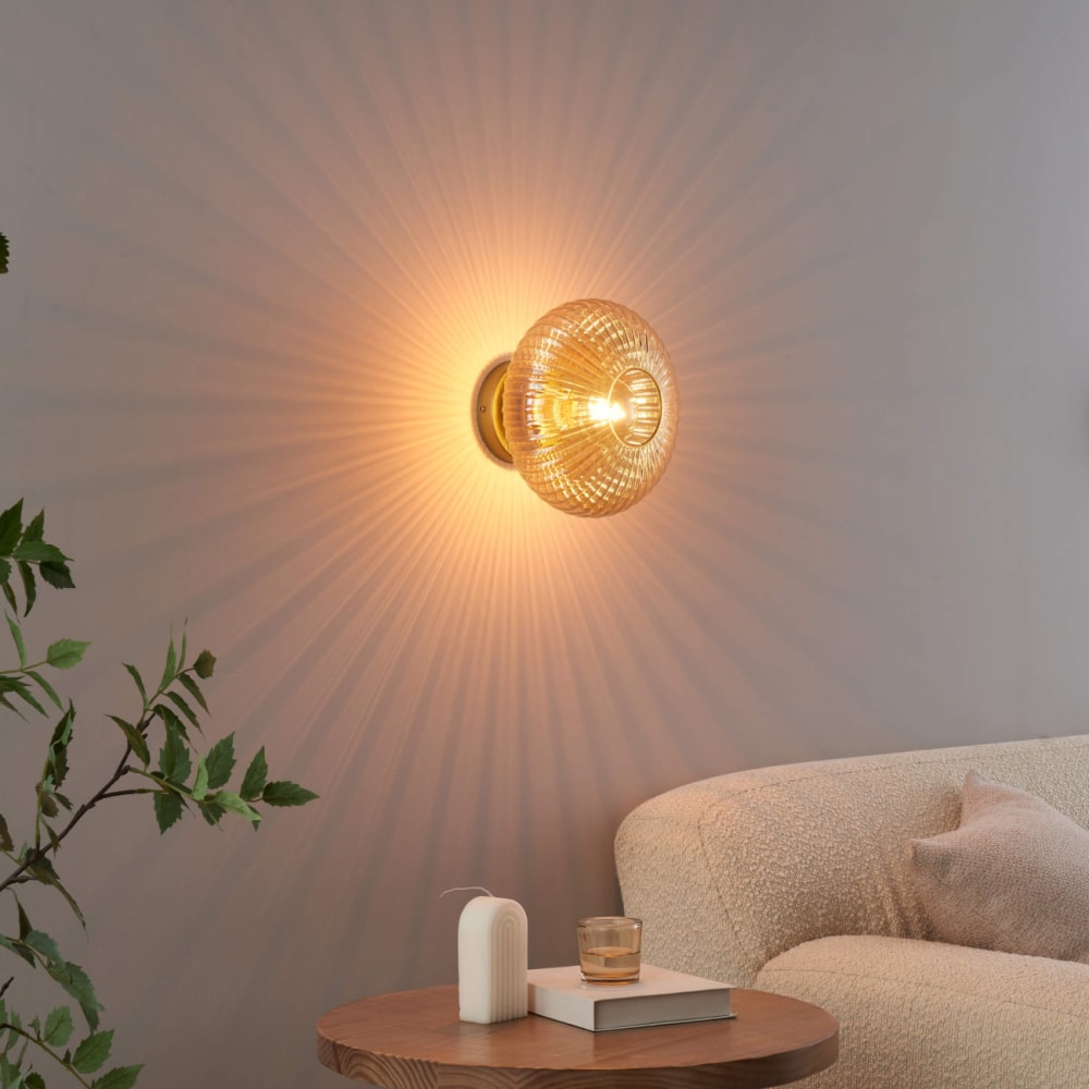 Wandleuchte aus Metall und Glas 20 cm, Bernstein und Gold -