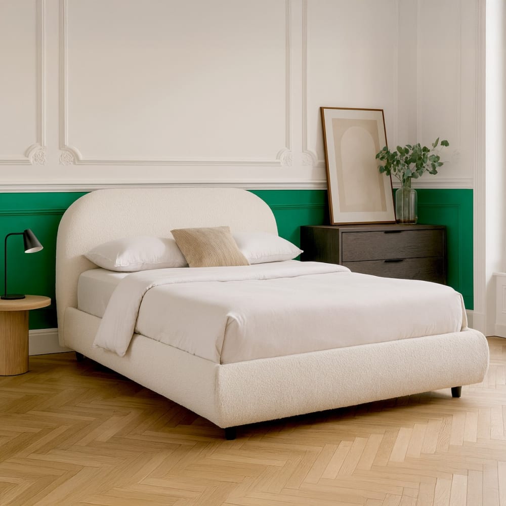 Lit 160x200 cm avec tête de lit en tissu bouclé beige - Maisons du Monde