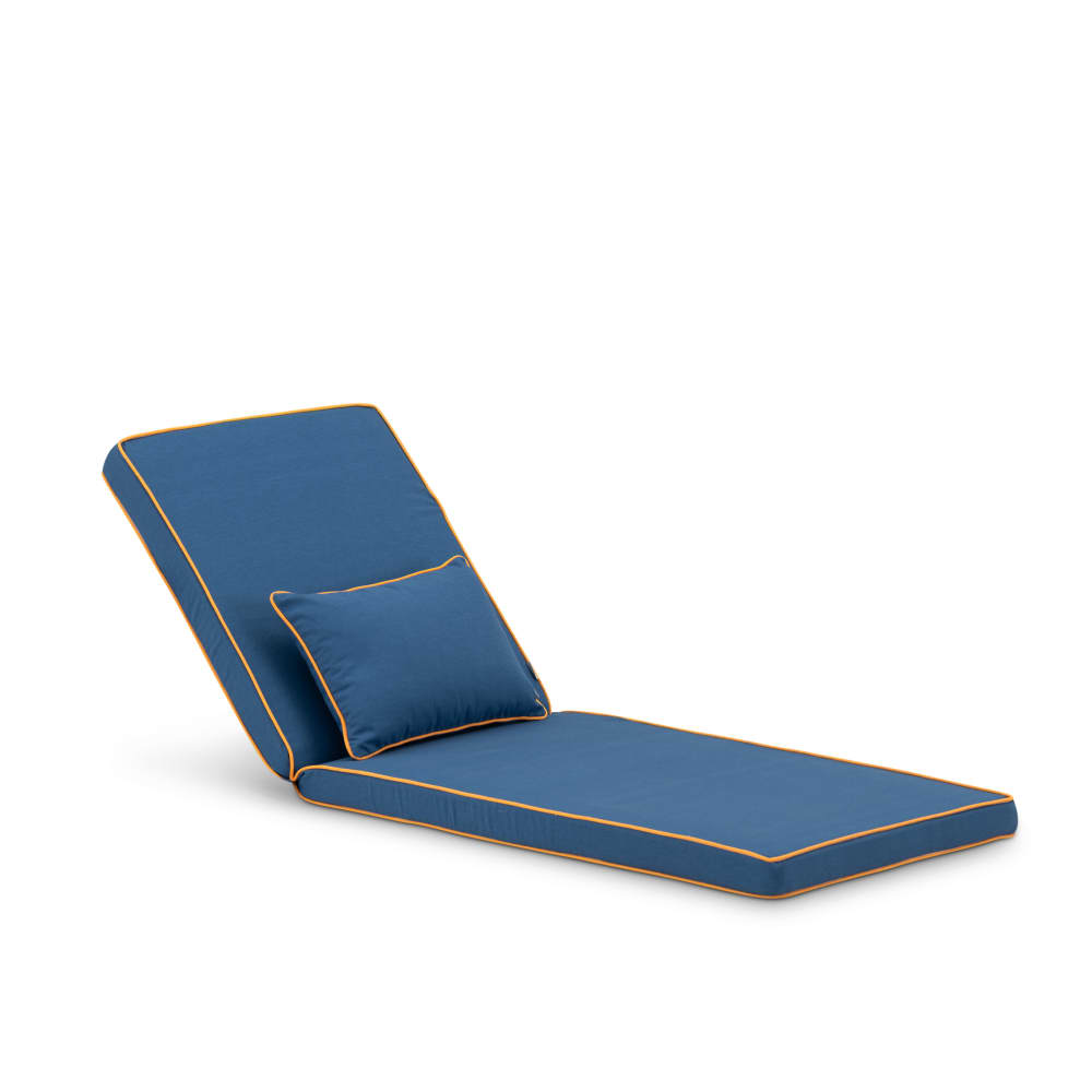 Coussin chaise longue uni/bordure et coussin décoratif bleu/orange