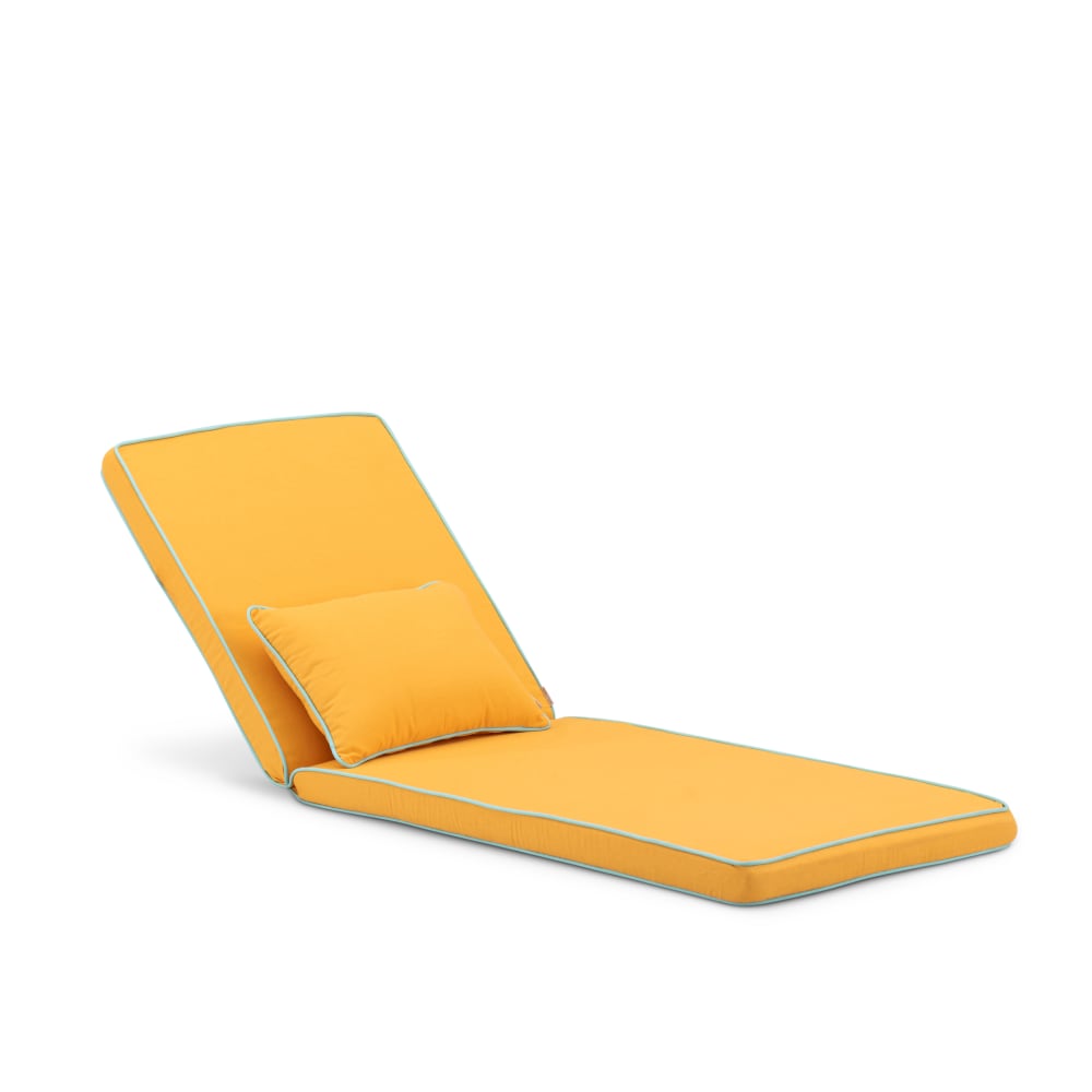 Coussin chaise longue uni/bordure et coussin décoratif jaune/turquoise