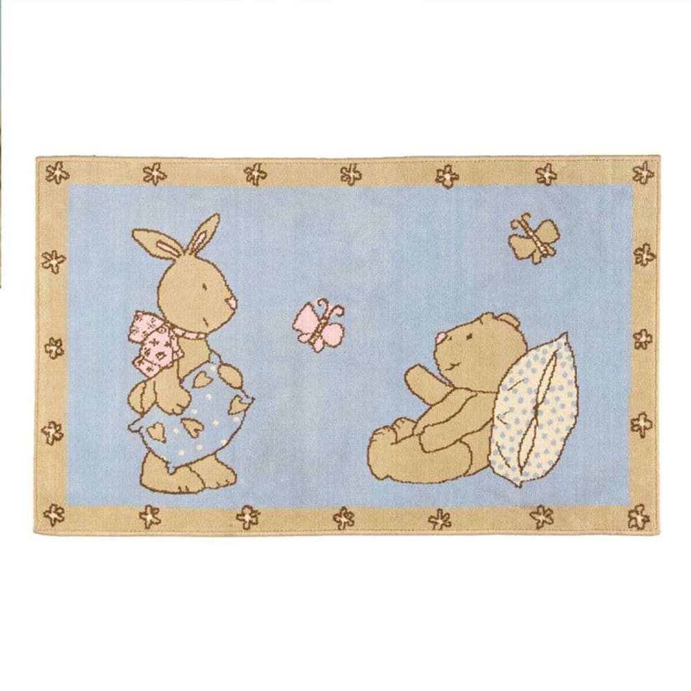 Tapis enfant petit ourson lapin bleu beige 60x100