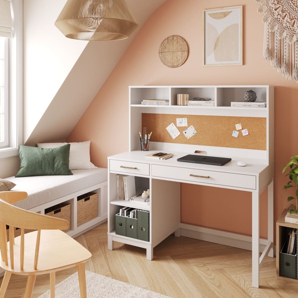 Bureau 2 tiroirs avec sur meuble effet bois blanc - Maisons du Monde