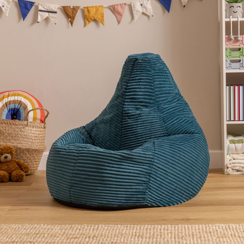 Lot de 2 poufs poire enfant à dossier haut velours côtelé bleu canard