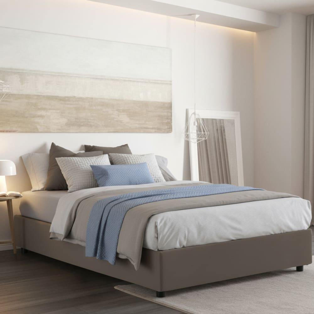 Lit double en similicuir gris tourterelle 160x200 cm - Maisons du Monde