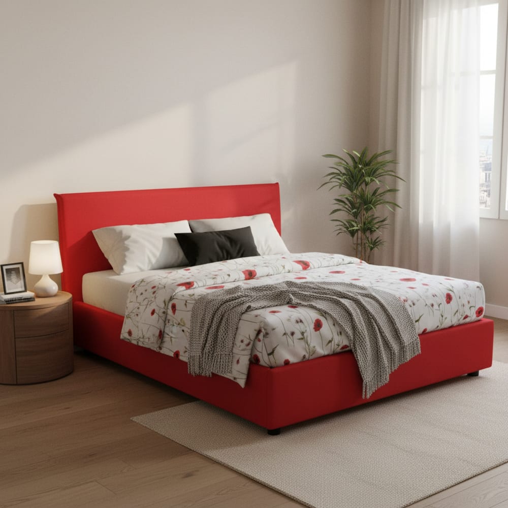 Lit double en tissu rouge 140x190 cm - Maisons du Monde