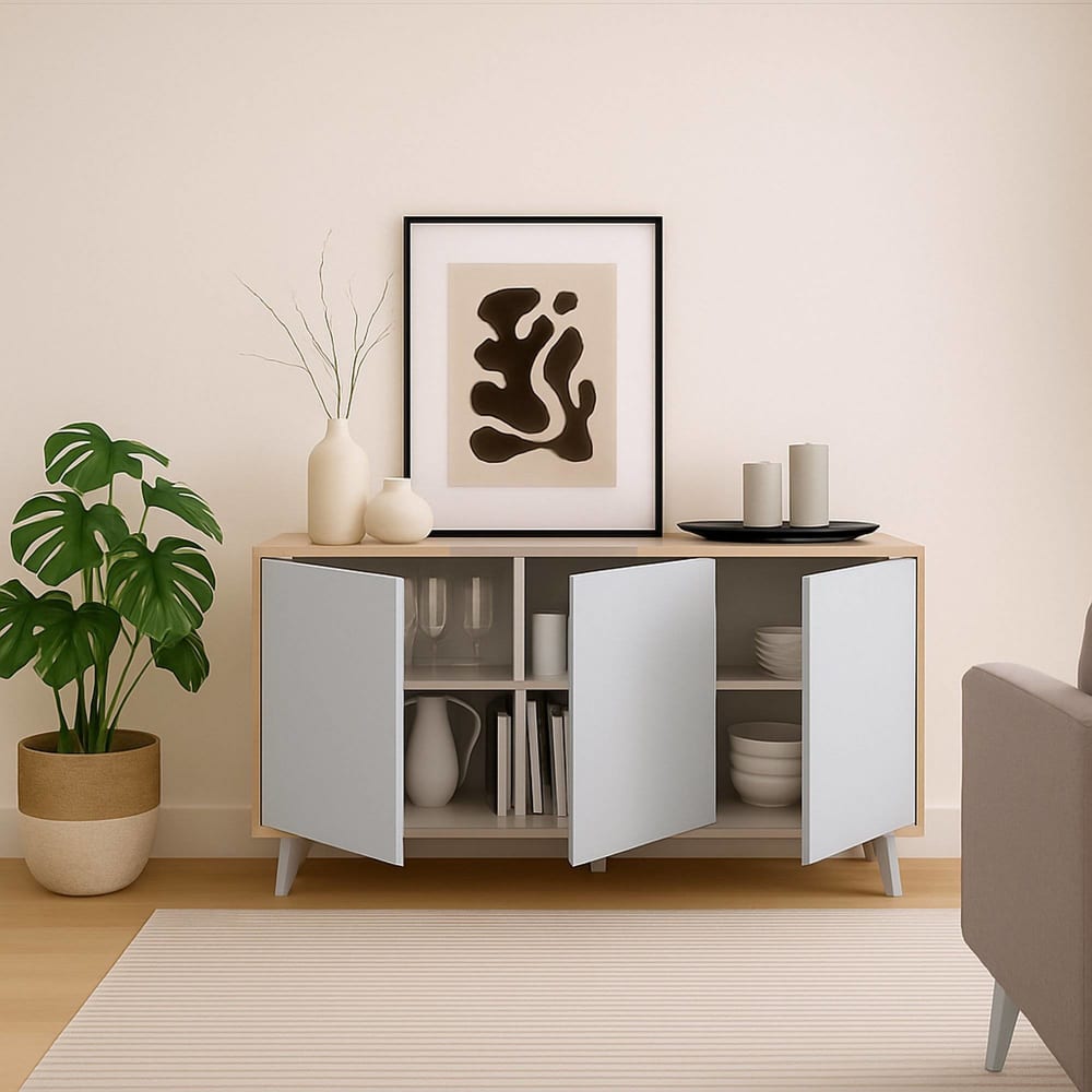 Buffet effet bois chêne clair, blanc 154x40h72 cm - Maisons du Monde