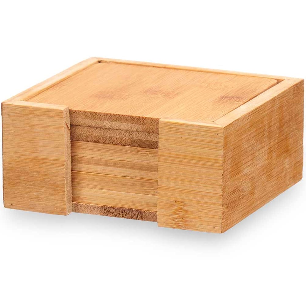 Set de 5 dessous de verres carrés en bambou + rangement 12x12x5.5ccm