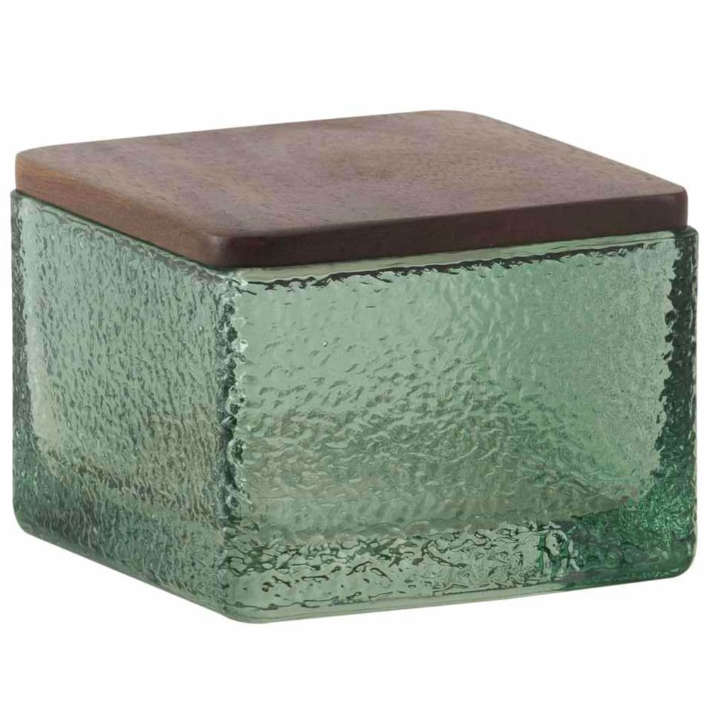 Boîte salle de bain en verre martelé vert et bois 10x10x7.5cm