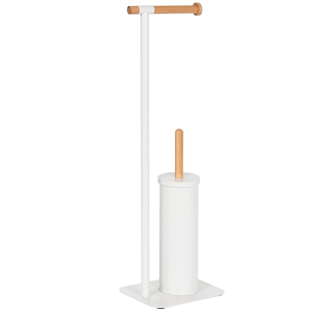 Dérouleur papier toilette + brosse wc en métal blanc et bambo — Beyit