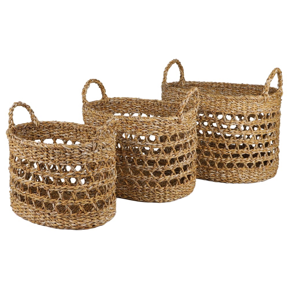 WADIGA Set de 3 paniers tressés multiusage: cache pot, rangement, décoration...Dimensions: 42/37/32cm Couleur: Bois Matière: Jacinthe d'eau