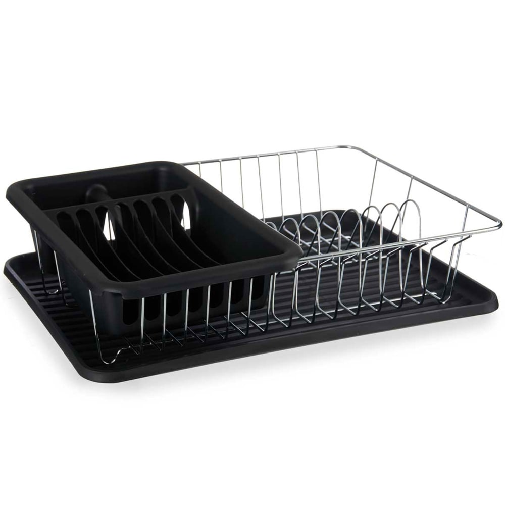 Égouttoir à vaisselle plastique noir et métal chromé avec plateau 33.5