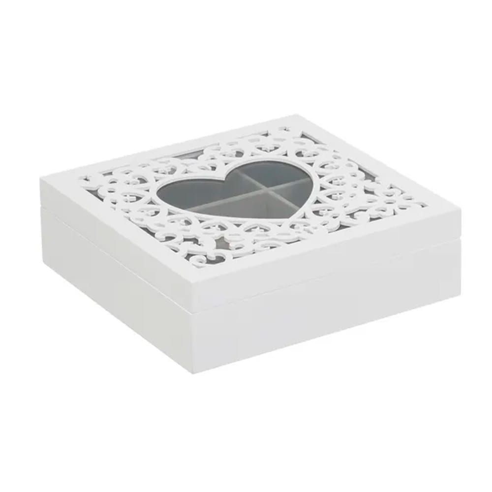 Coffret à bijoux en bois blanc taillé et verre coeur 23x23x7cm - Maisons du Monde
