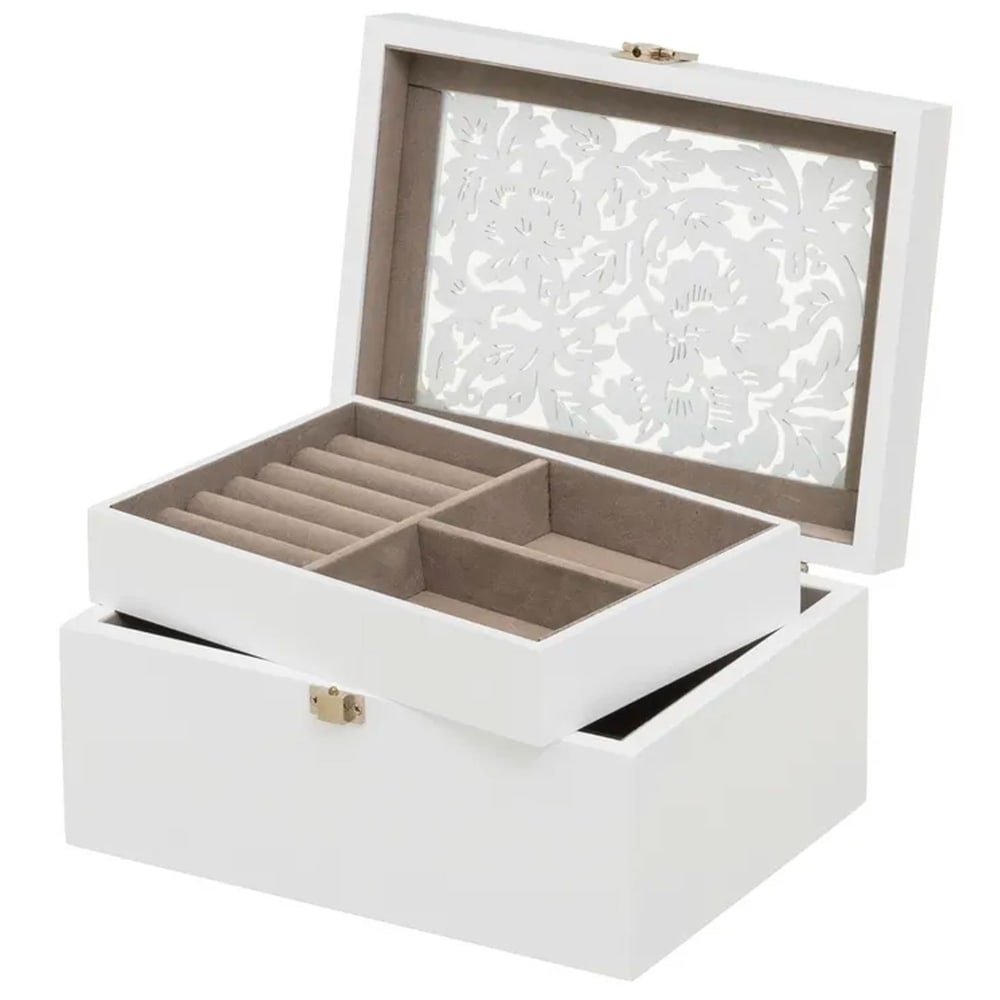 Coffret à bijoux en bois blanc taillé et miroir 20x16x10cm