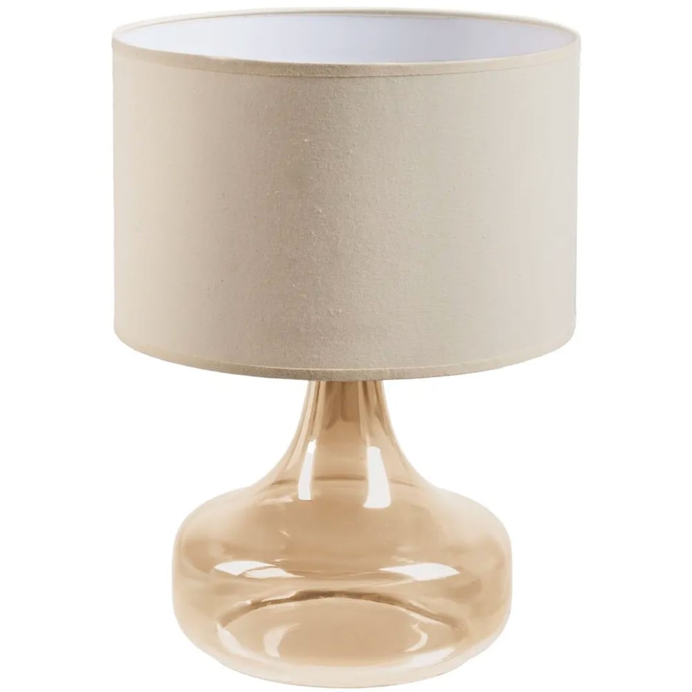 Lampe à poser pied en verre beige-doré et abat jour beige 33x33x46cm