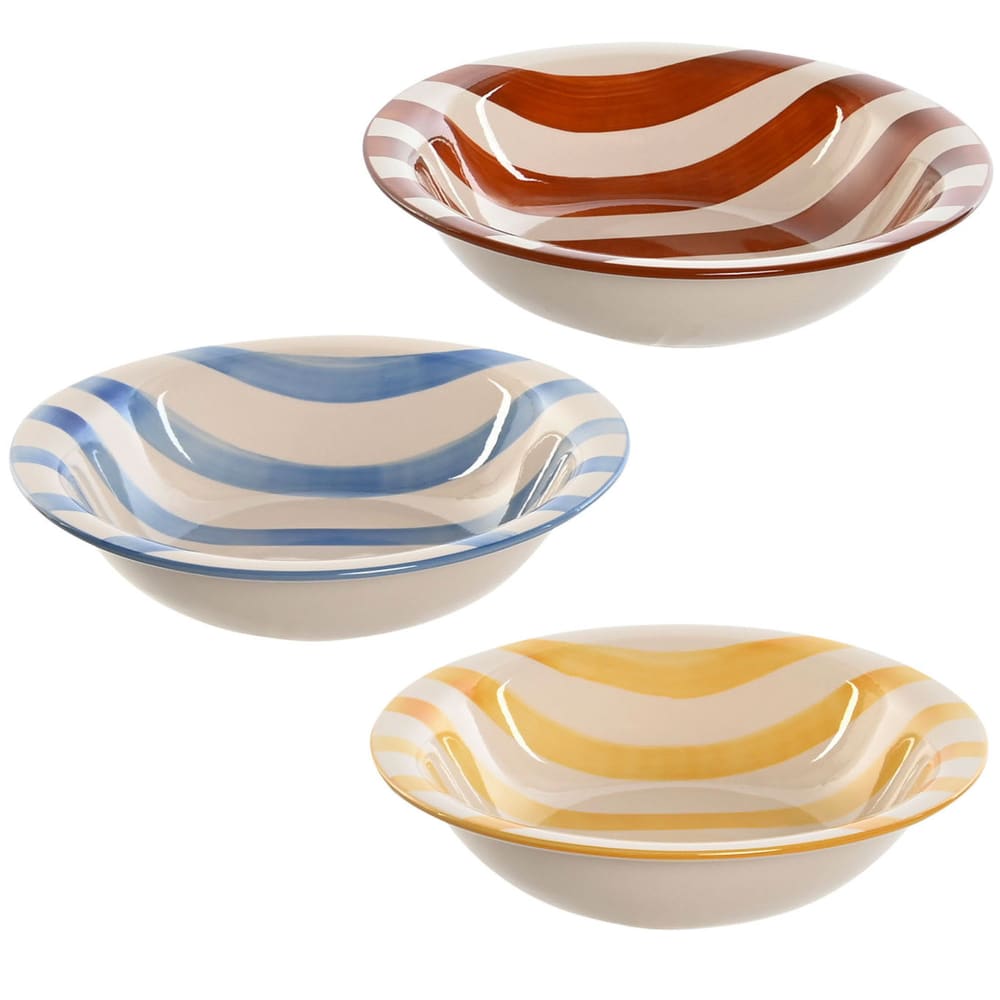 Set de 3 assiettes creuses faïence rayures bleues, jaunes, rouges 21.5