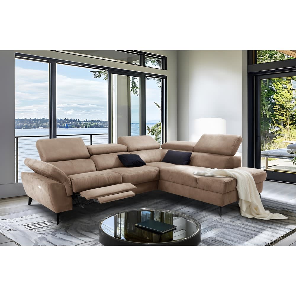 Canapé d'angle droit relax électrique tissu marron 5 places