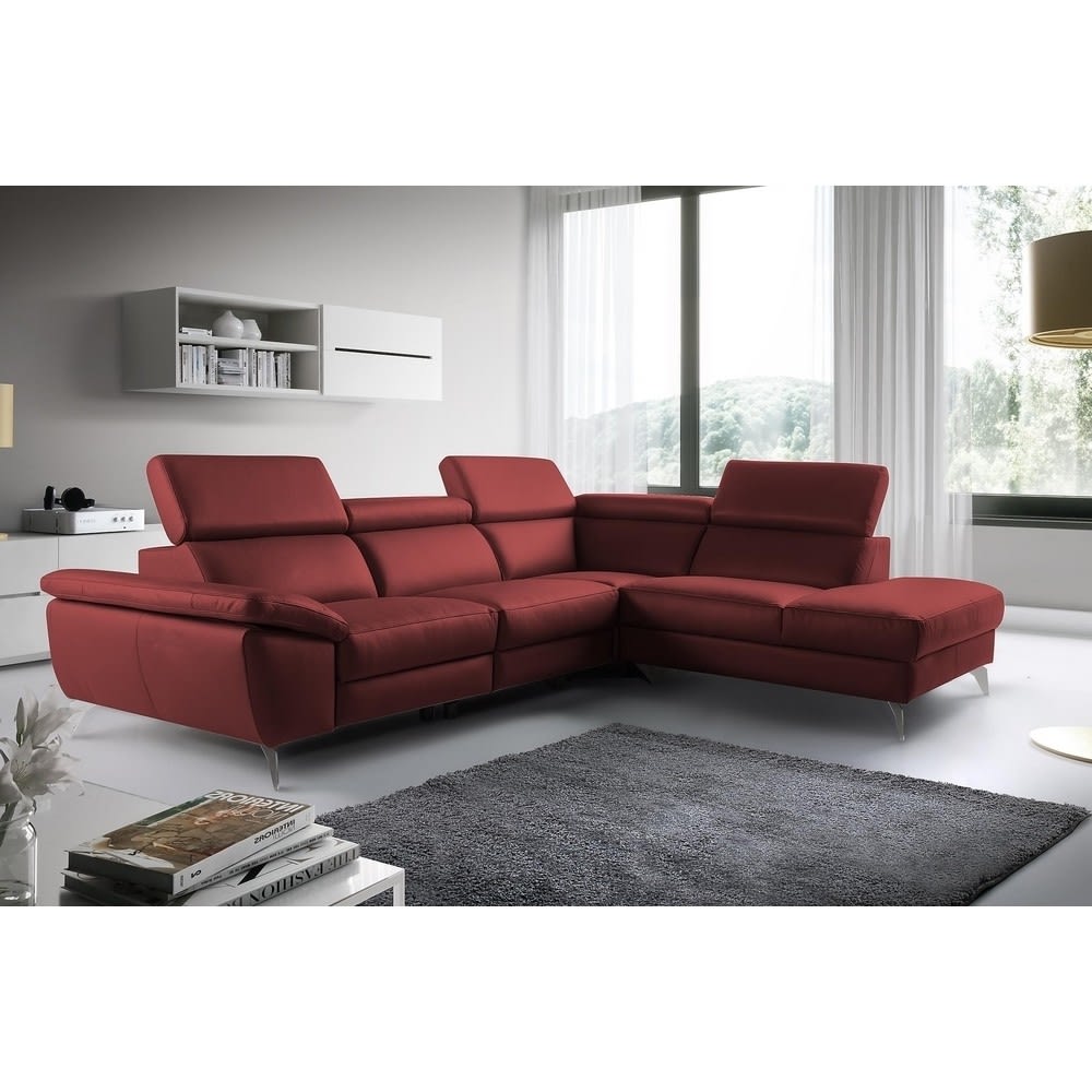 Canapé d'angle droit en cuir rouge bordeaux 5 places