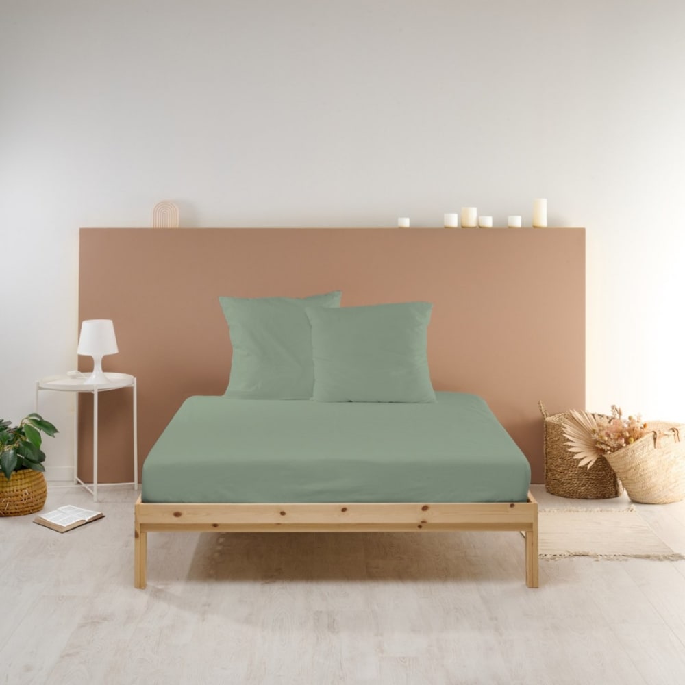 Drap housse uni en percale de coton sauge 160x200cm — vue 3