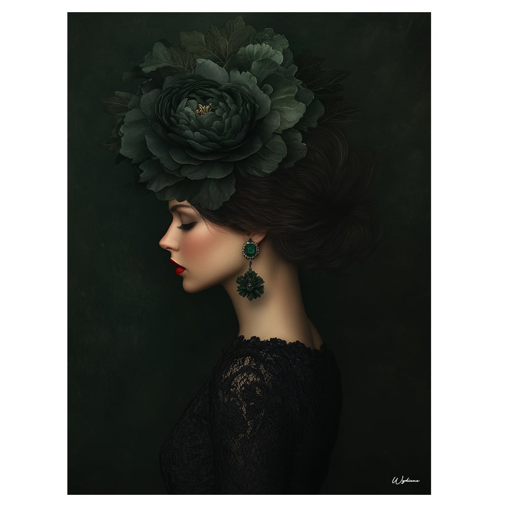 Tableau Femme avec fleurs vertes alu dibond 30x40