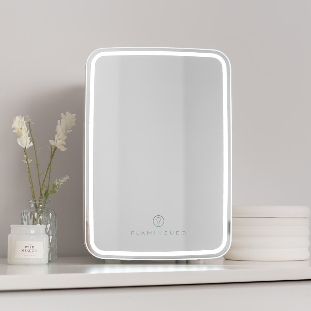 Mini Frigo Cosmétique 10L avec Miroir et Led 12V/220V Blanc