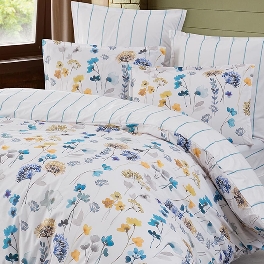 Drap housse en percale coton bonnet 30 cm blanc motif bleu 180x200 cm — vue 3