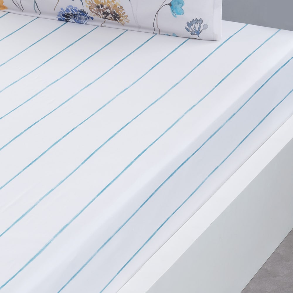 Drap housse en percale coton bonnet 30 cm blanc motif bleu 90x200 cm