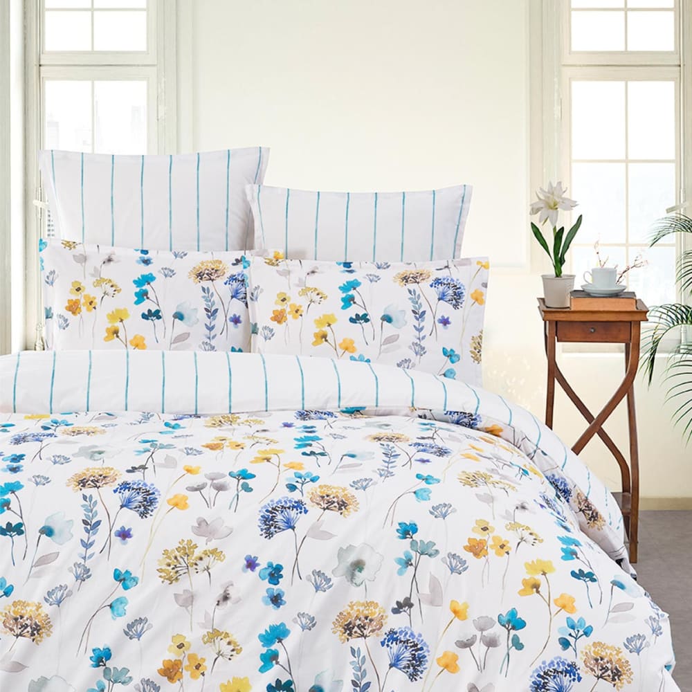 Drap housse en percale coton bonnet 30 cm blanc motif bleu 90x200 cm — vue 4
