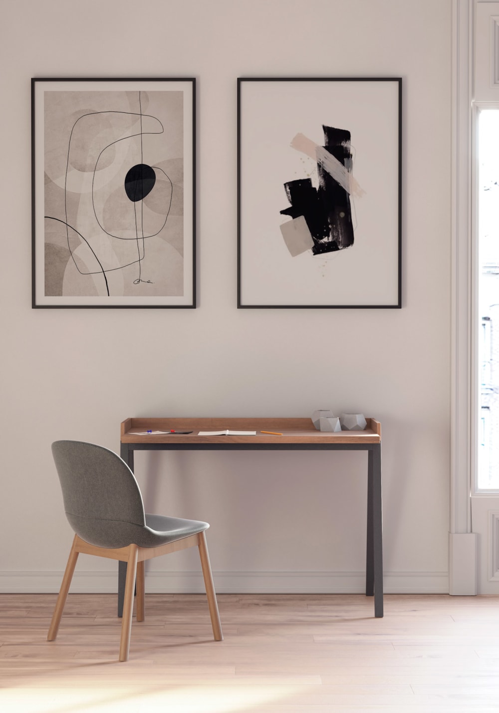 Schreibtisch, Melamin und Buche in Nussbaum, Füßen Graphit