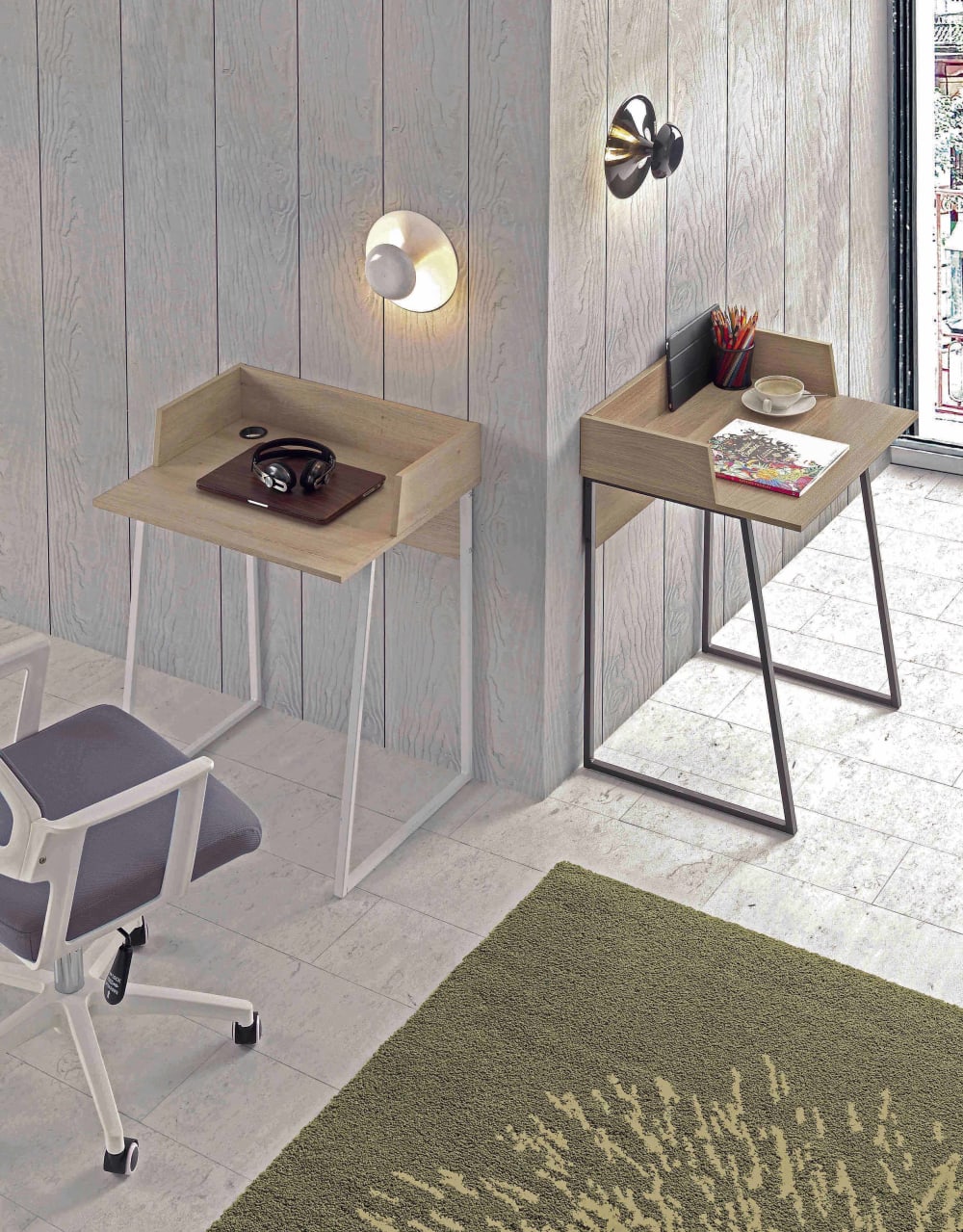 Bureau en mélamine et acier chêne pieds blancs 84x60x48 cm