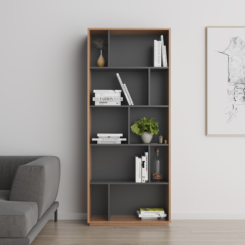 Bücherregal aus Melamin in Nussbaum und Graphit 191x80x32 cm -