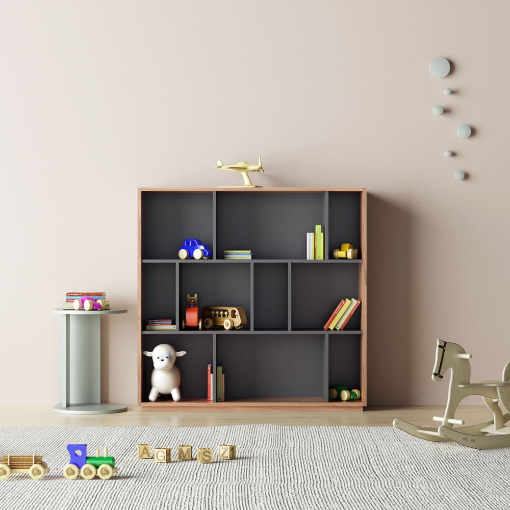 Bücherregal aus Melamin in Nussbaum und Graphit 117x119x32 cm -