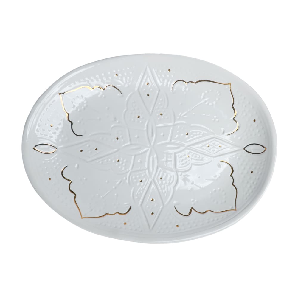 Grand plat de service ovale en céramique blanc doré