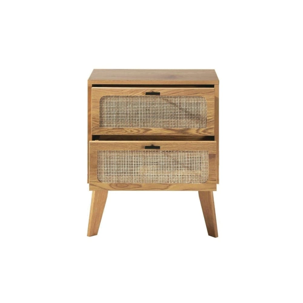 Chevet 2 Tiroirs Décor Bois avec Façades Rotin - L45 cm