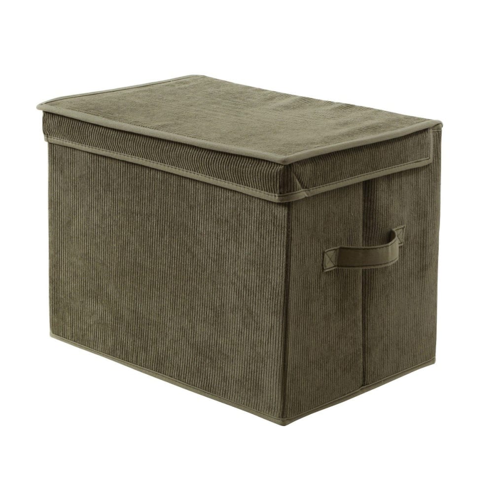 Boîte rangement haute avec couvercle tissu velours côtelé kaki h30 cm