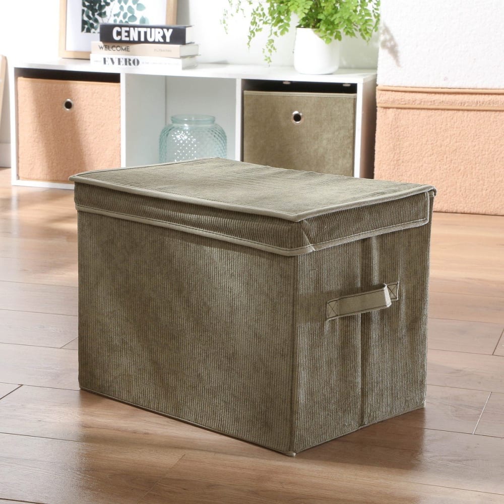 Boîte rangement haute avec couvercle tissu velours côtelé kaki h30 cm — vue 3