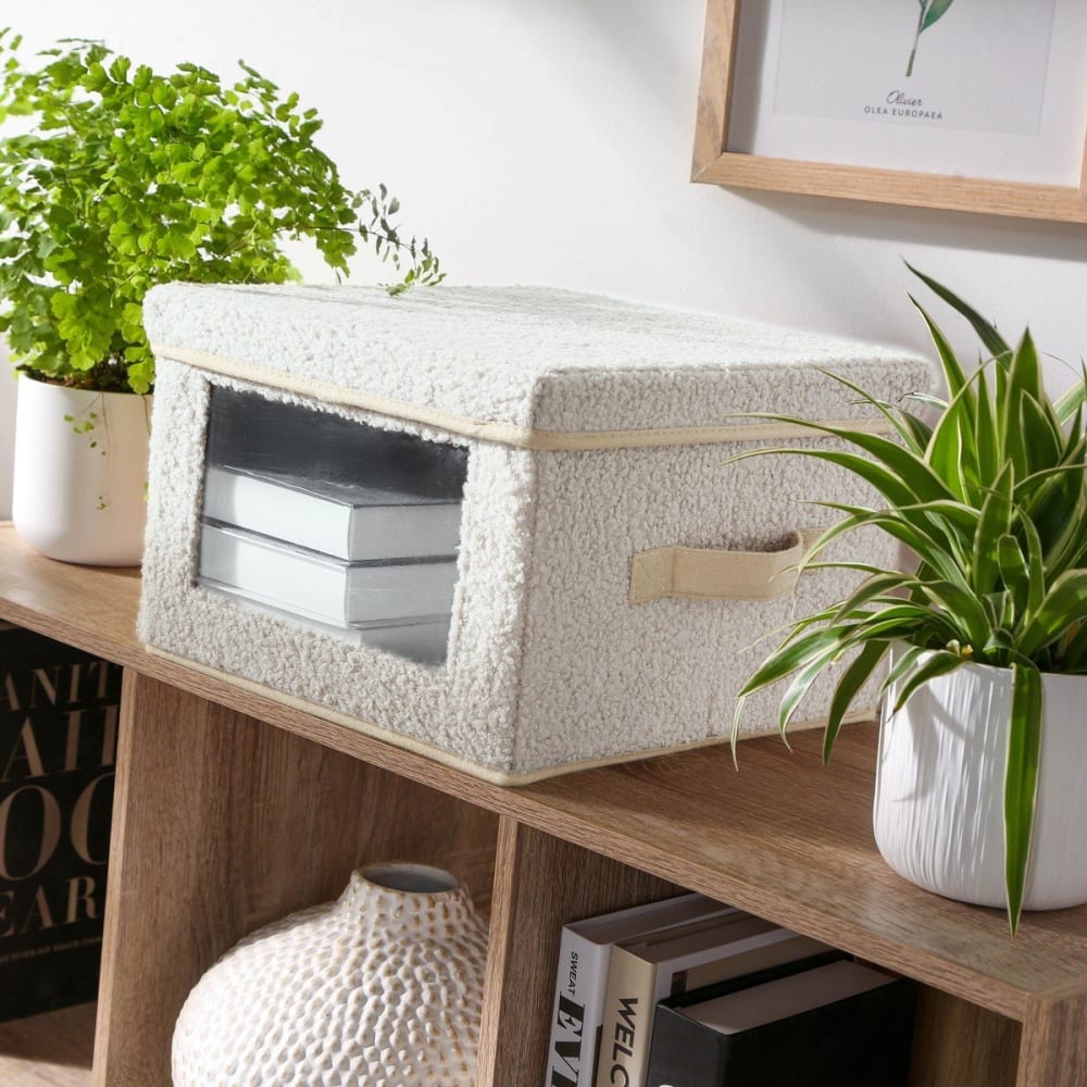 Boîte rangement tissu bouclette écru avec fenêtre - l40 cm — vue 3