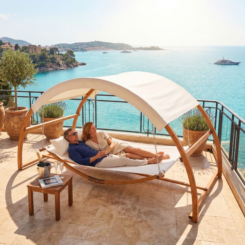 Hamac pour 2 personnes avec cadre en bois et grand toit solaire