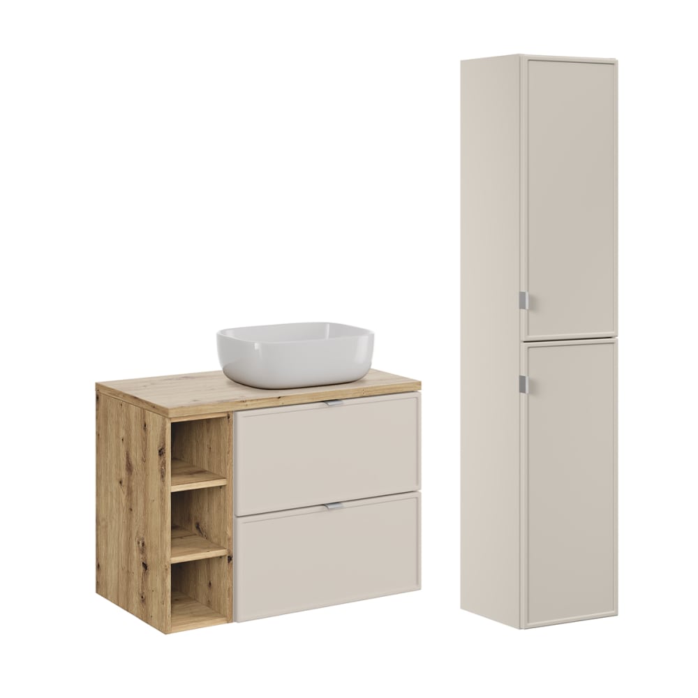 Ensemble meuble vasque 3 niches colonne stratifiés beige