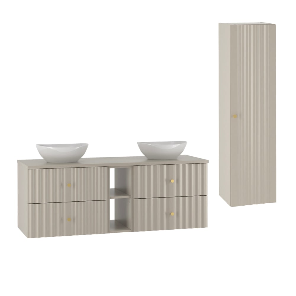 Ensemble meuble double vasque 140cm panneaux mélaminé et mdf beige