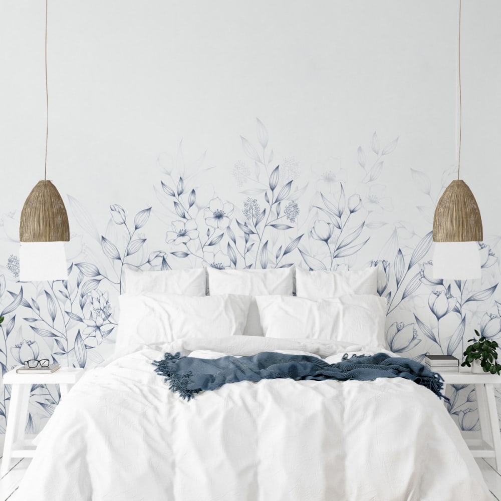 Papier peint panoramique poésie végétale bleu 150x250cm-made in france